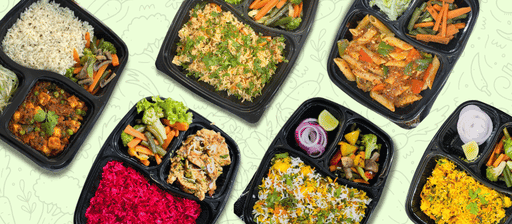 Balanced meal boxes with rice and vegetables